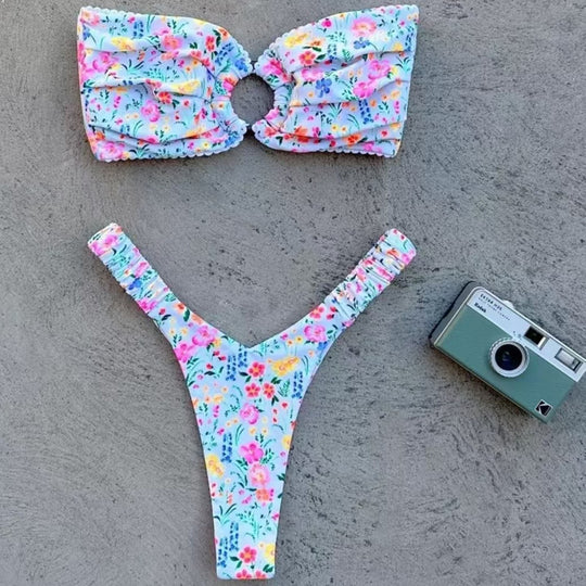 Damen Bandeau-Bikini mit Blumenmuster und Schlaufen-Detail EB
