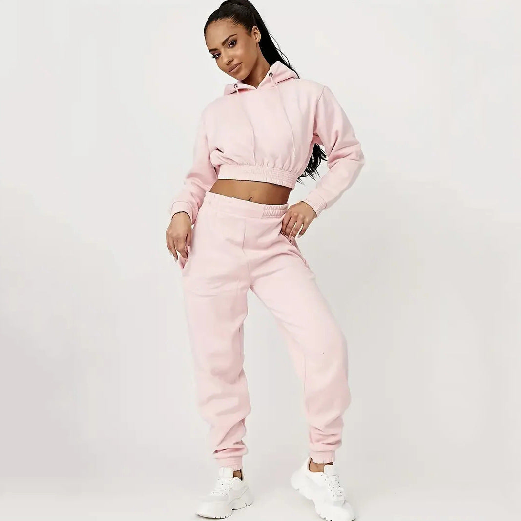 Damen Sportliches Cropped Hoodie und lässige Jogginghose Set EB