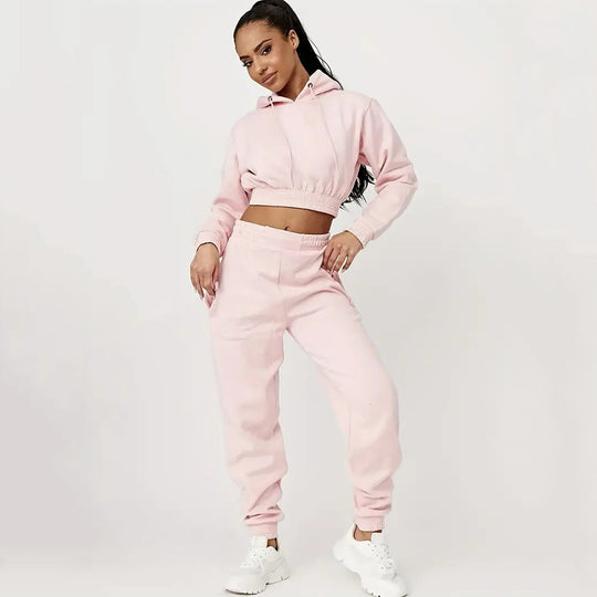 Damen Sportliches Cropped Hoodie und lässige Jogginghose Set EB