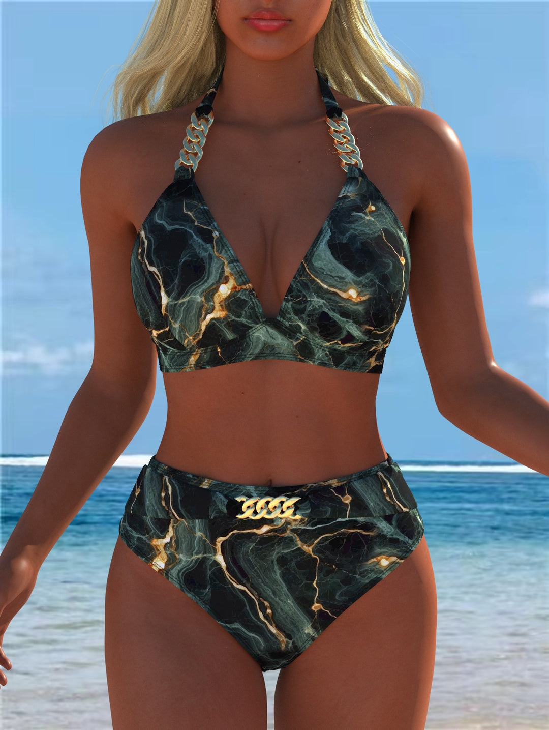 Damen Bikini mit luxuriösem Marmormuster und edlen Details EB
