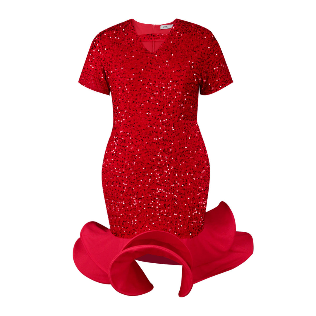 Damen glamouröses Abendkleid mit schimmernden Pailletten und voluminösem Saum EB