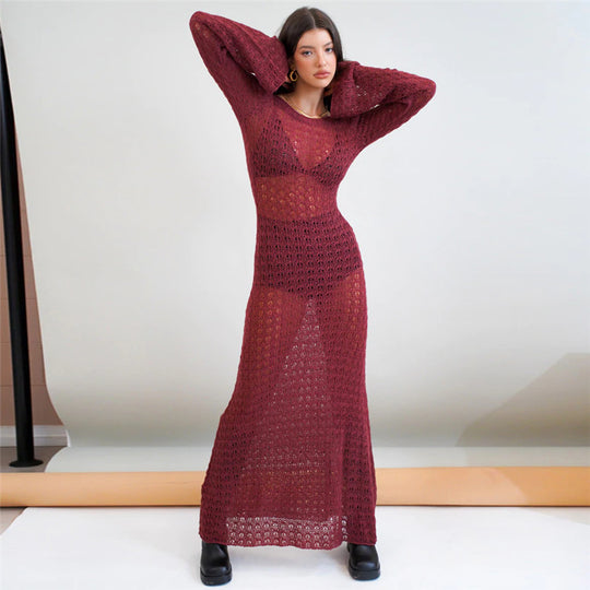 Damen Transparente Maxikleid mit strukturiertem Häkelmuster EB