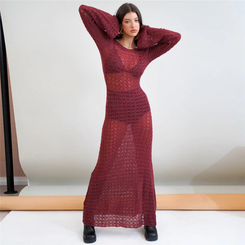Damen Transparente Maxikleid mit strukturiertem Häkelmuster EB