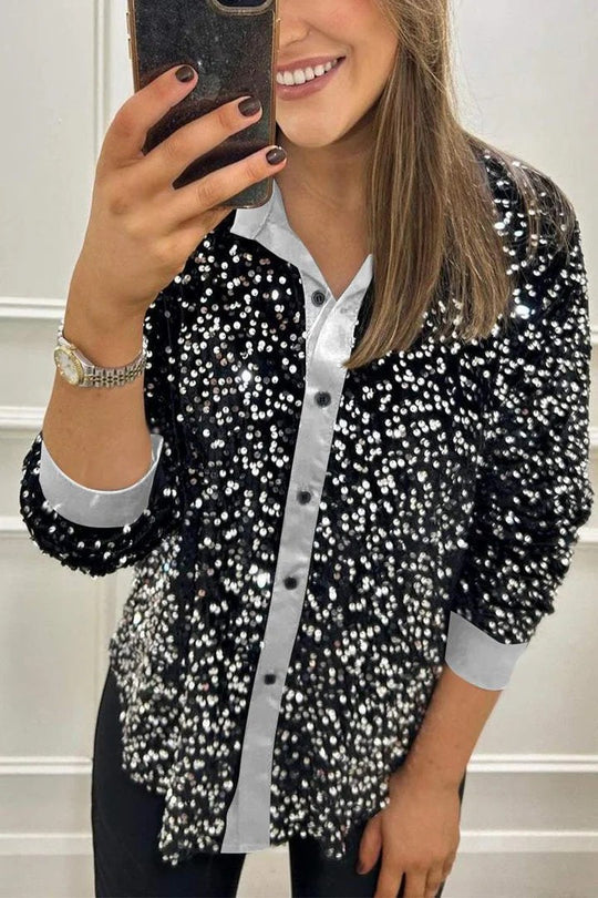 Damen Glitzernde Bluse aus Pailletten mit klassischem Kragen EB