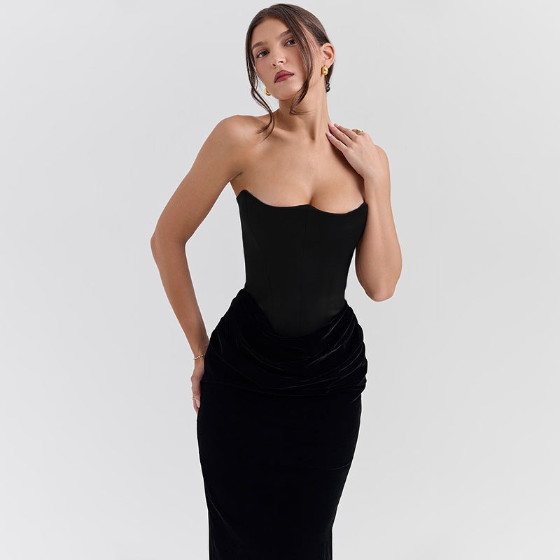 Damen elegantes A-Linien-Maxikleid mit gerafftem Oberteil und trägerlosem Design EB