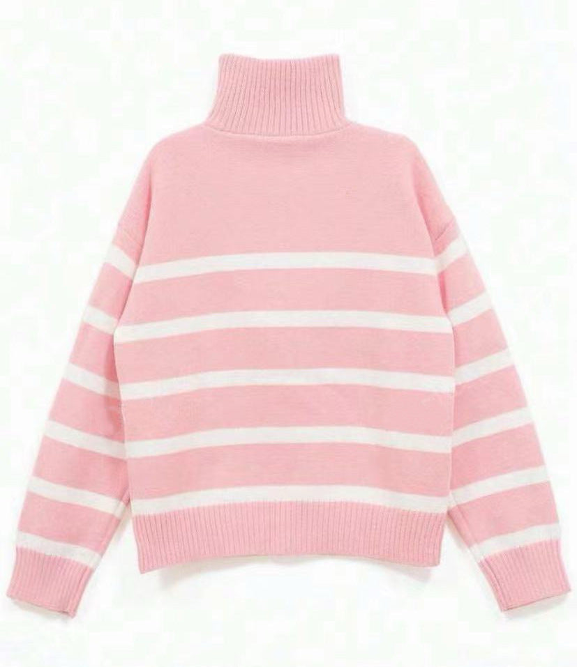 Damen Gestreifter Halb-Reißverschluss Strickpullover mit Rippenkragen EB