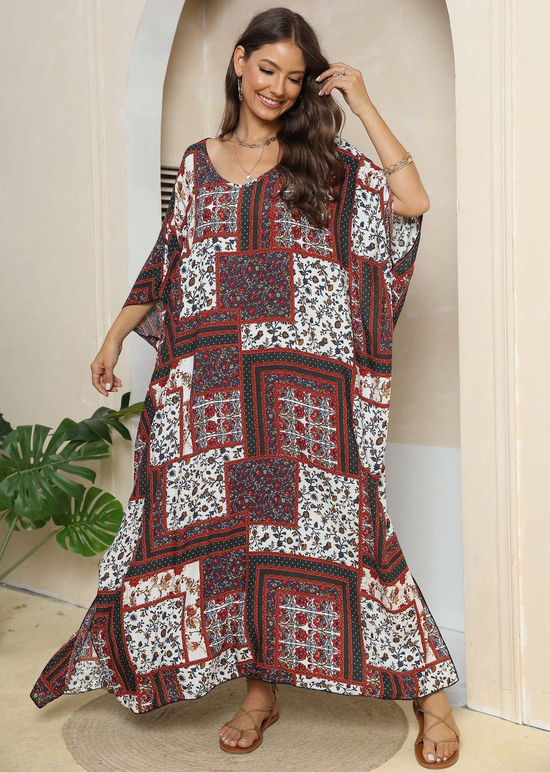 Damen lässiges Maxikleid im Patchwork-Design EB