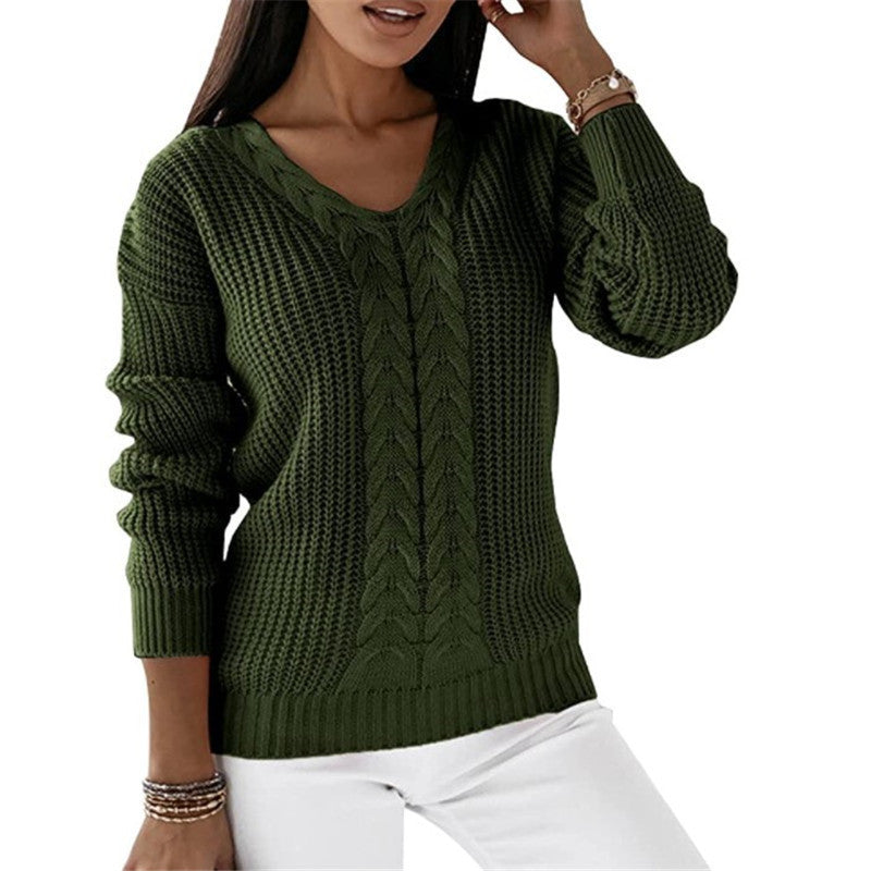 Damen nan grob gestrickter V-Ausschnitt Pullover mit Zopfmuster und lockerer Silhouette EB