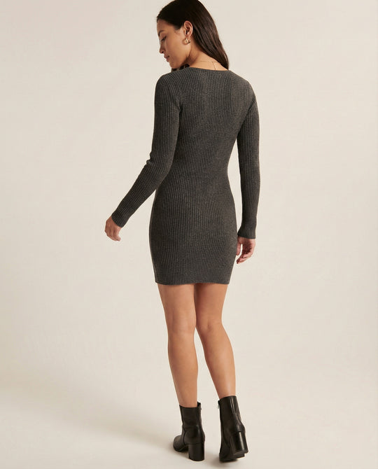Damen figurbetontes Rippstrick-Kleid mit V-Ausschnitt und langen Ärmeln EB
