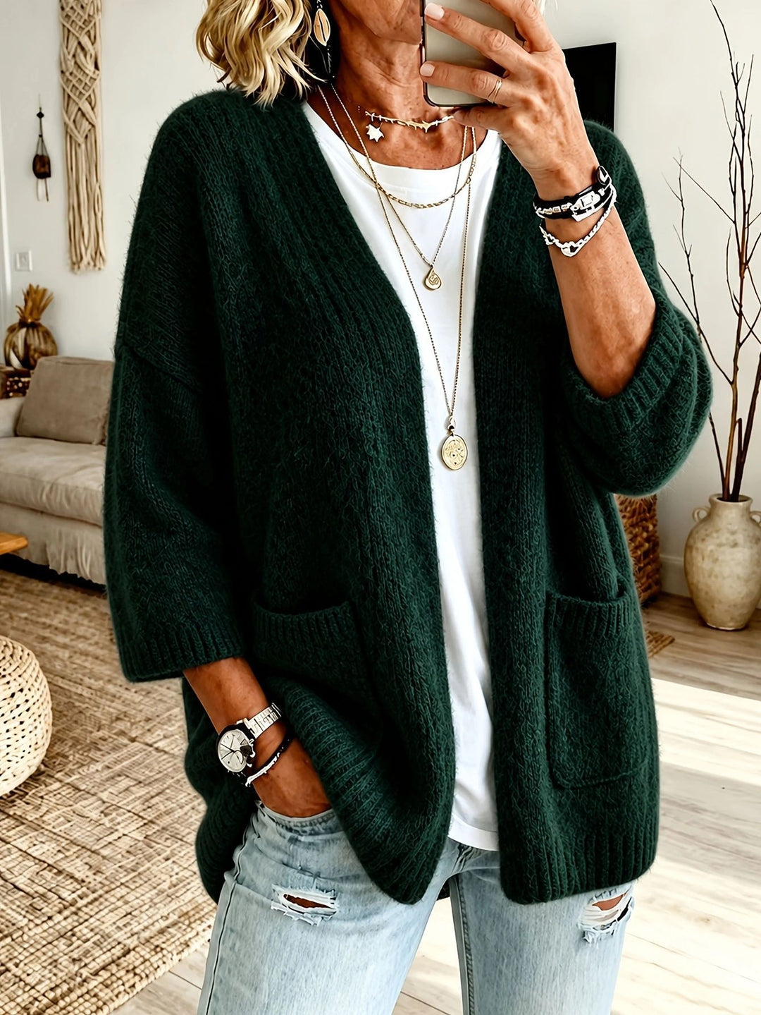 Damen Offener Longcardigan im Mohair-Look mit aufgesetzten Taschen und überschnittener Schulter EB