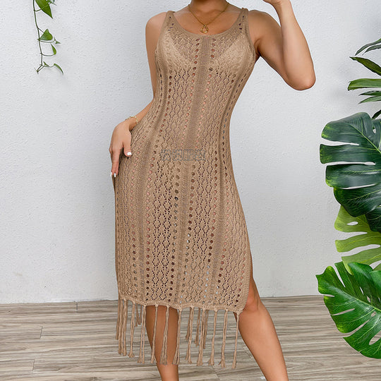Damen Sommerliches Häkelkleid mit Fransen und seitlichem Schlitz EB