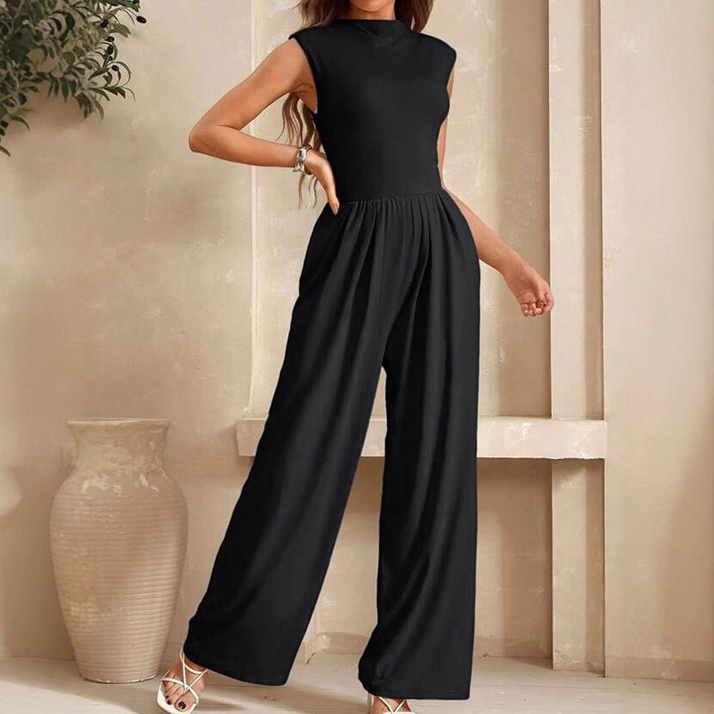 Damen Eleganter Jumpsuit mit hohem Kragen und weitem Bein EB