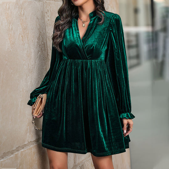 Damen Samtiges Wickelkleid mit voluminösen Ärmeln EB