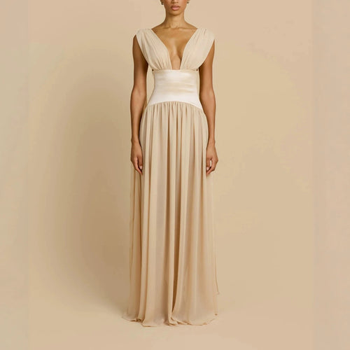 Damen Elegantes Langarm-Maxikleid mit tiefem V-Ausschnitt EB