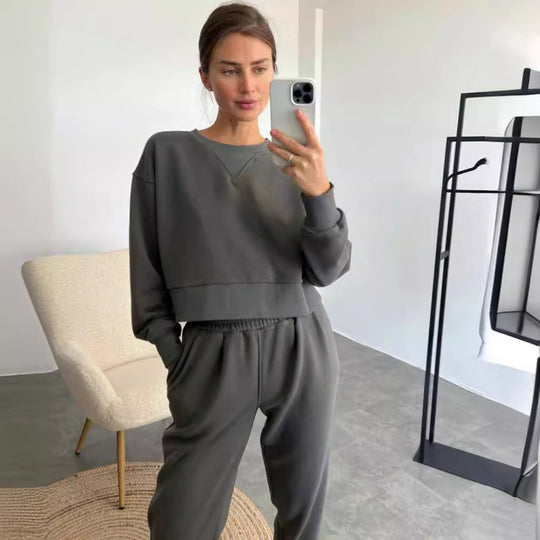 Damen nan Cropped-Sweater-Set mit V-Nahtdetail und hoher Taille Jogginghose EB