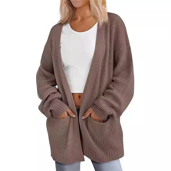 Damen Grobstrick Cardigan mit offenem Schnitt und praktischen Taschen EB