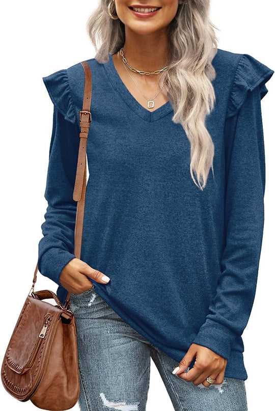 Damen V-Ausschnitt Langarmshirt mit Rüschendetails und lockerem Schnitt EB