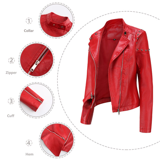 Damen nan asymmetrische Kunstleder-Bikerjacke mit Nietenapplikation und tailliertem Schößchen EB
