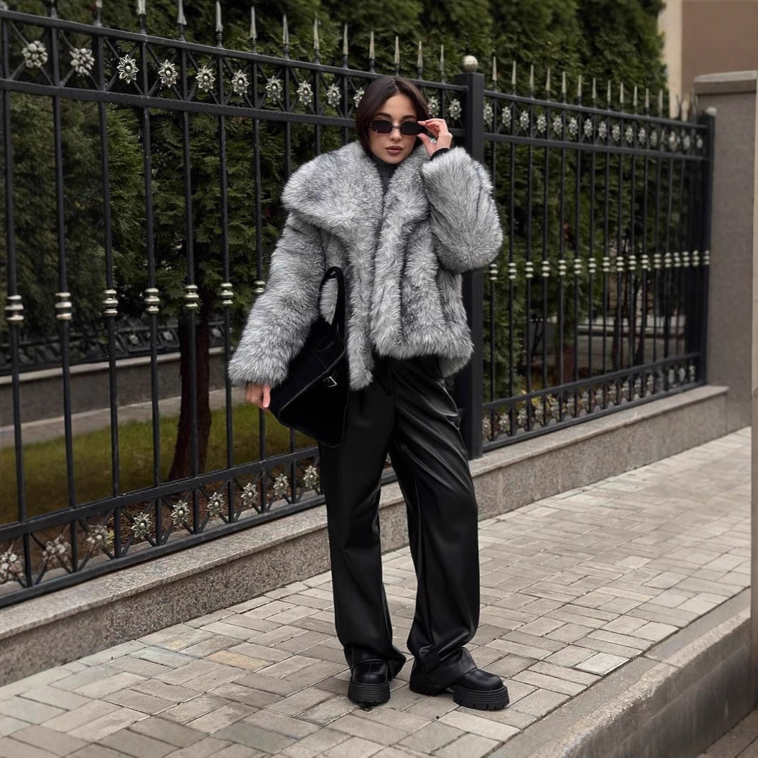 Damen elegante Kunstfelljacke mit voluminösem Kragen und verschließbaren Taschen EB