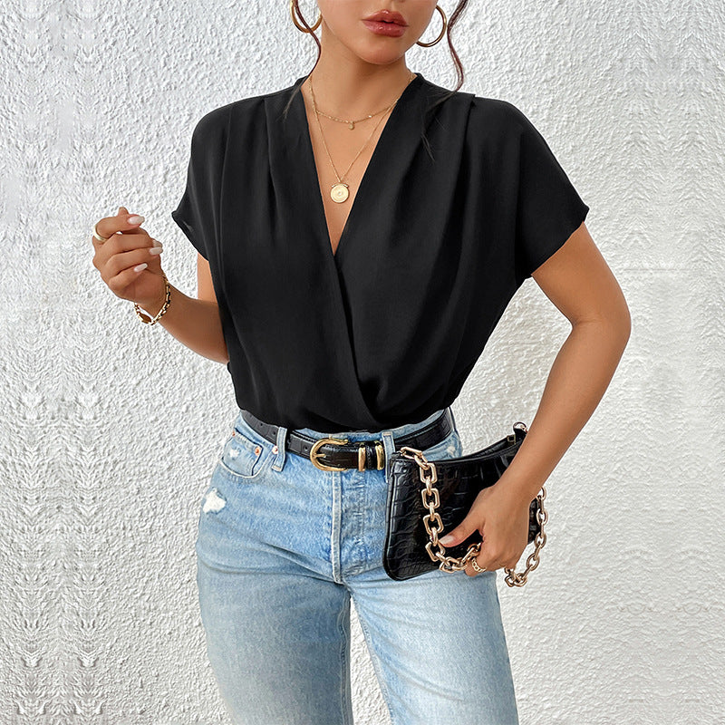 Damen Body mit eleganter Wickeloptik und kurzen Ärmeln EB