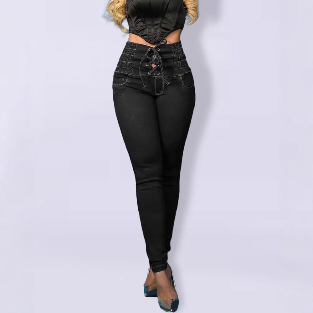 Damen Skinny Jeans mit modischem Schnürdetail und hohem Taillenbund EB