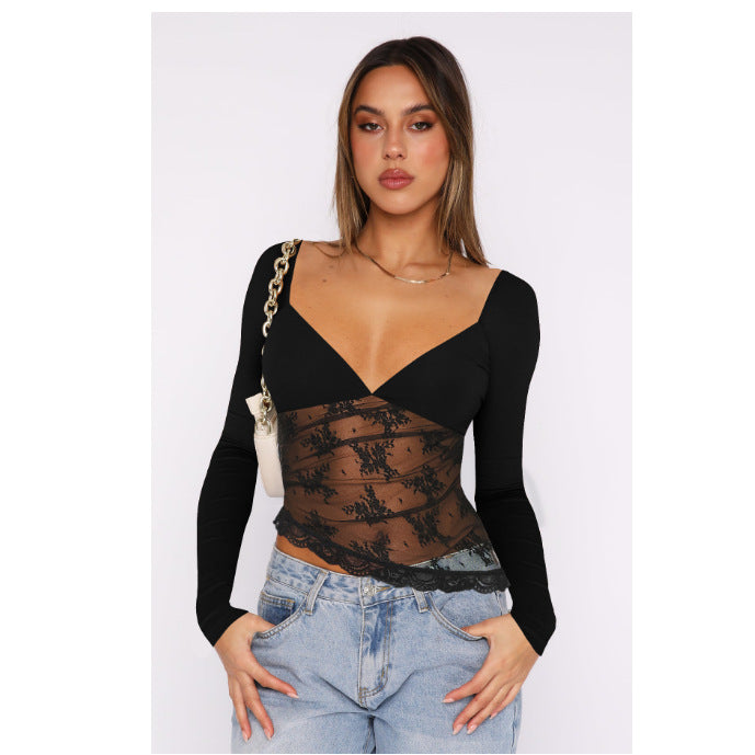 Damen Spitzenbluse mit tiefem V-Ausschnitt und langärmligem Design EB