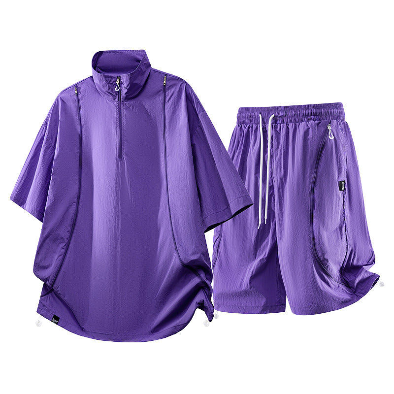 Herren nan oversized sportliches Freizeit-Set mit Halbzip, Stehkragen und elastischen Cargo-Shorts EB