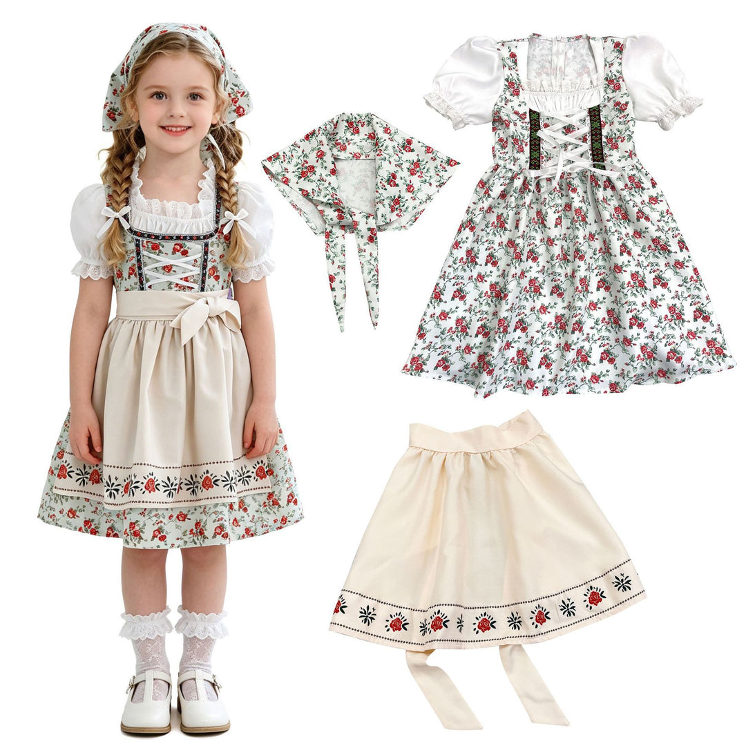 Damen nan Kinderdirndl Trachtenkleid mit Spitzenbluse Schürze und Kopftuch EB