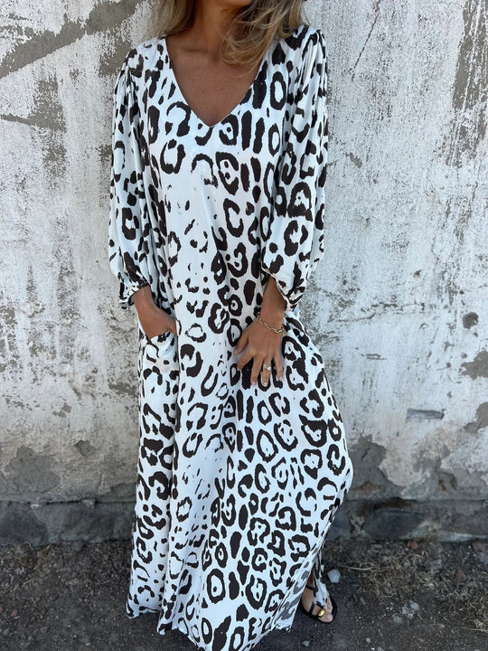 Damen Langarm Maxikleid mit Animal-Print und praktischen Taschen EB