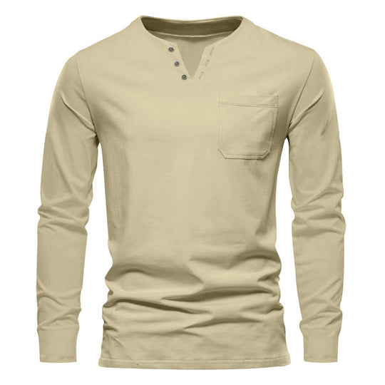 Herren nan modernes Henley-Langarmshirt mit asymmetrischer Knopfleiste und Brusttasche EB