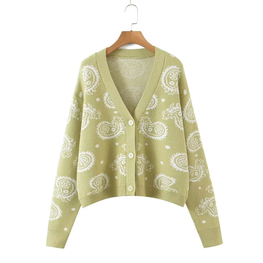 Damen Strickjacke mit V-Ausschnitt und floralen Mustern EB