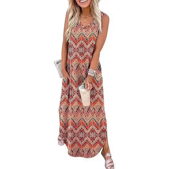 Damen Maxi-Kleid mit modernem V-Ausschnitt und praktischem Taschendesign EB