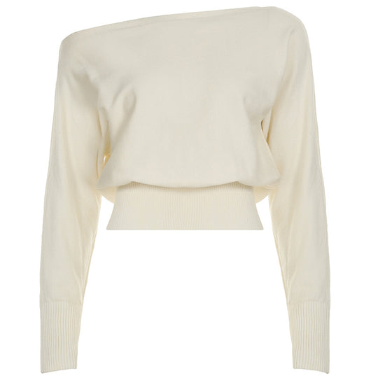 Damen nan schulterfreier Cropped-Feinstrickpullover mit weitem U-Boot-Ausschnitt und elastischem Rippbund EB