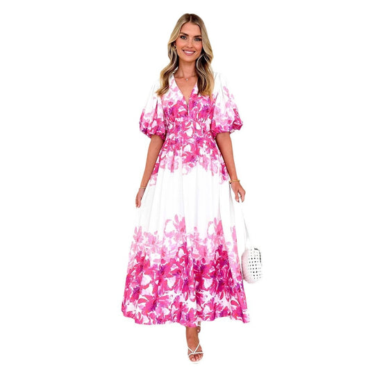 Damen Maxikleid mit ausgefallenen Puffärmeln und tiefem V-Ausschnitt EB