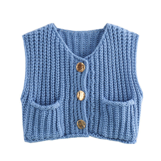 Damen Strickweste mit praktischen Taschen und dekorativen Holzknöpfen EB
