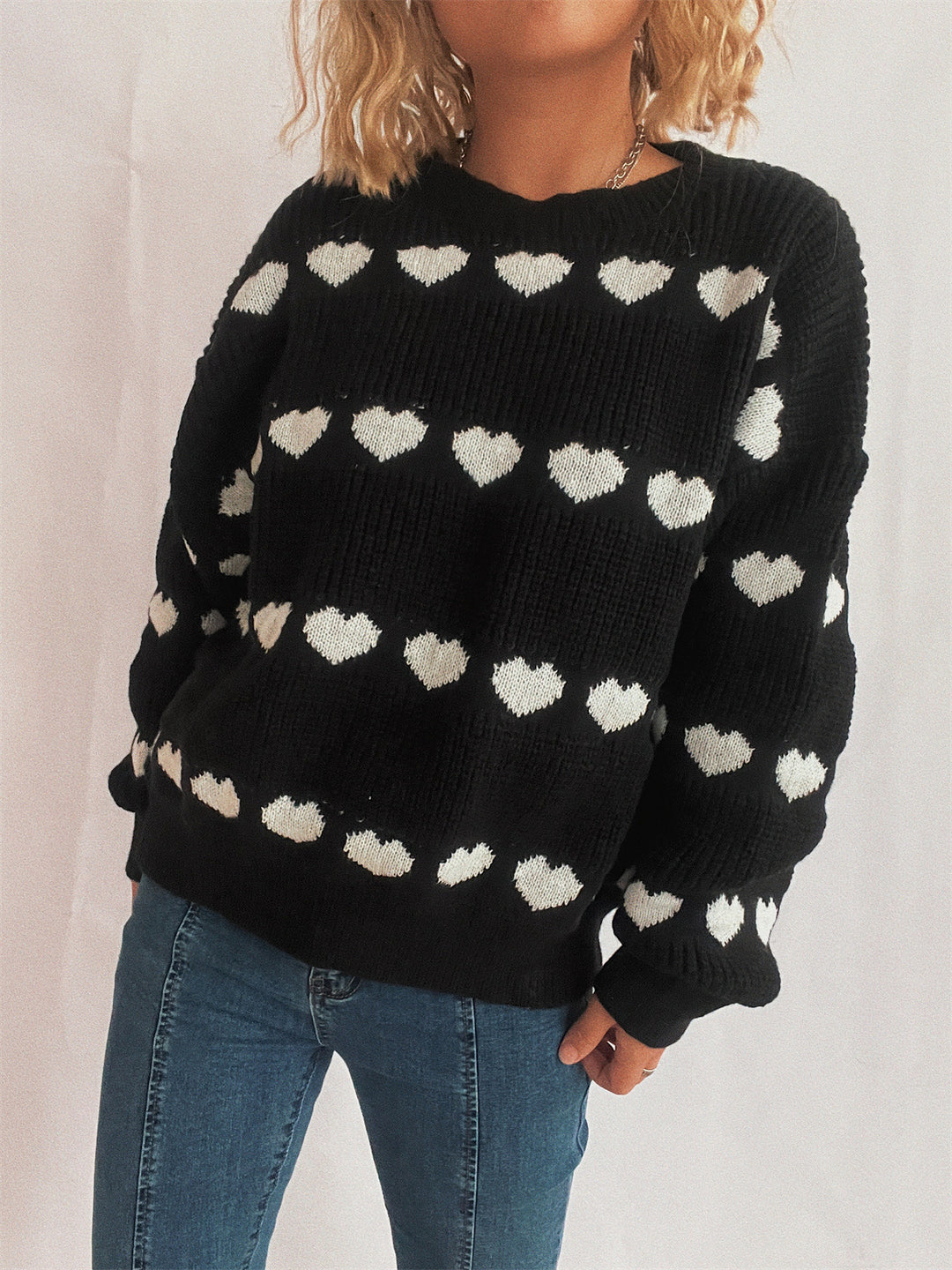 Damen gemütlicher Herzmuster-Strickpullover mit weiten Ärmeln EB