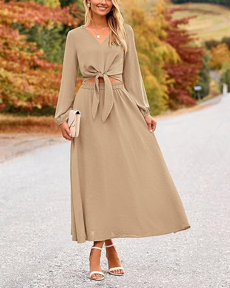 Damen Binde-Kleid mit langen Ärmeln und Rundhalsausschnitt EB