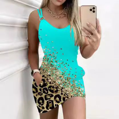 Damen Kurzarm Kleid mit Leopardenmuster und Strassverzierungen EB