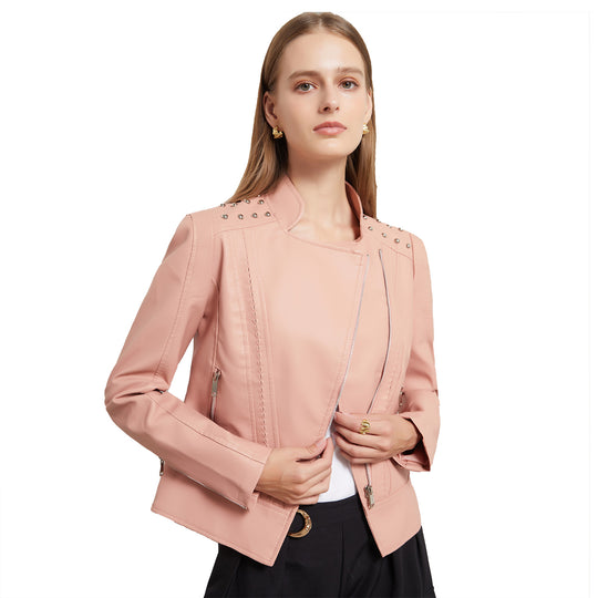 Damen nan Bikerjacke aus Kunstleder mit Nietenbesatz und asymmetrischem Reißverschluss EB