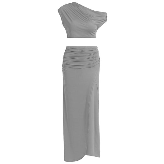 Damen Elegantes Two-Piece Set mit asymmetrischem Oberteil und gerafftem Rock EB
