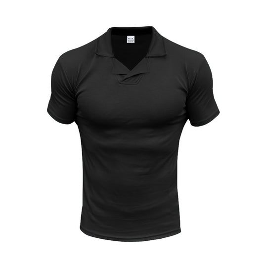 Herren nan schmal geschnittenes Kurzarm-Polo mit offenem Hemdkragen und elastischem Baumwollstretch EB