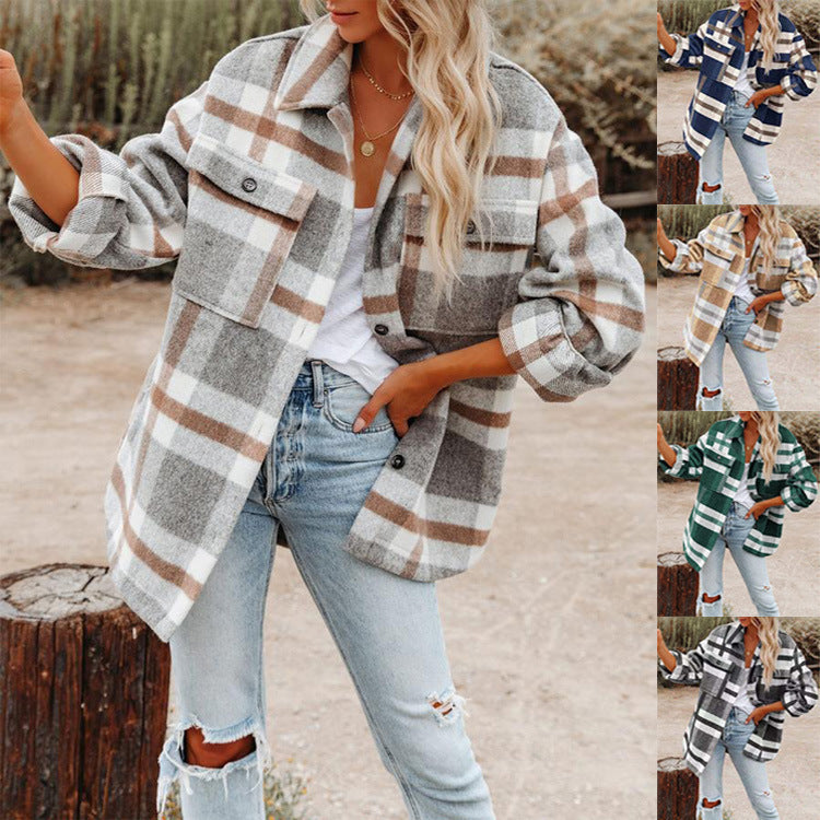 Damen Oversized Hemdjacke mit kariertem Muster und praktischen Taschen EB