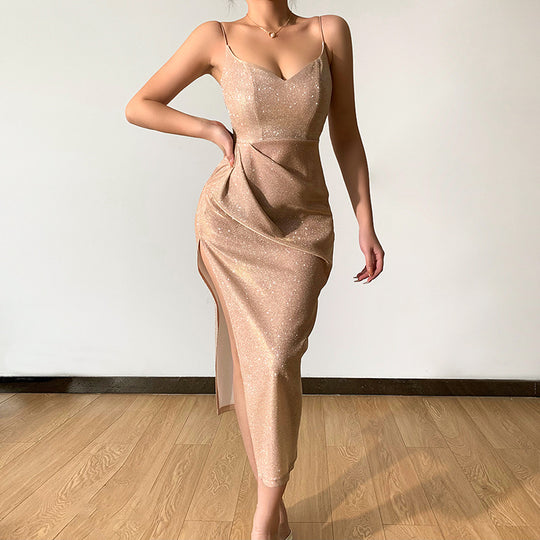 Damen elegantes Metallic-Effekt-Midikleid mit Spaghettiträgern EB