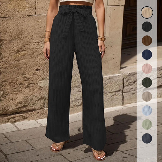 Damen Weite Plissee-Hose mit Paperbag-Bund und Taillenbindegürtel EB