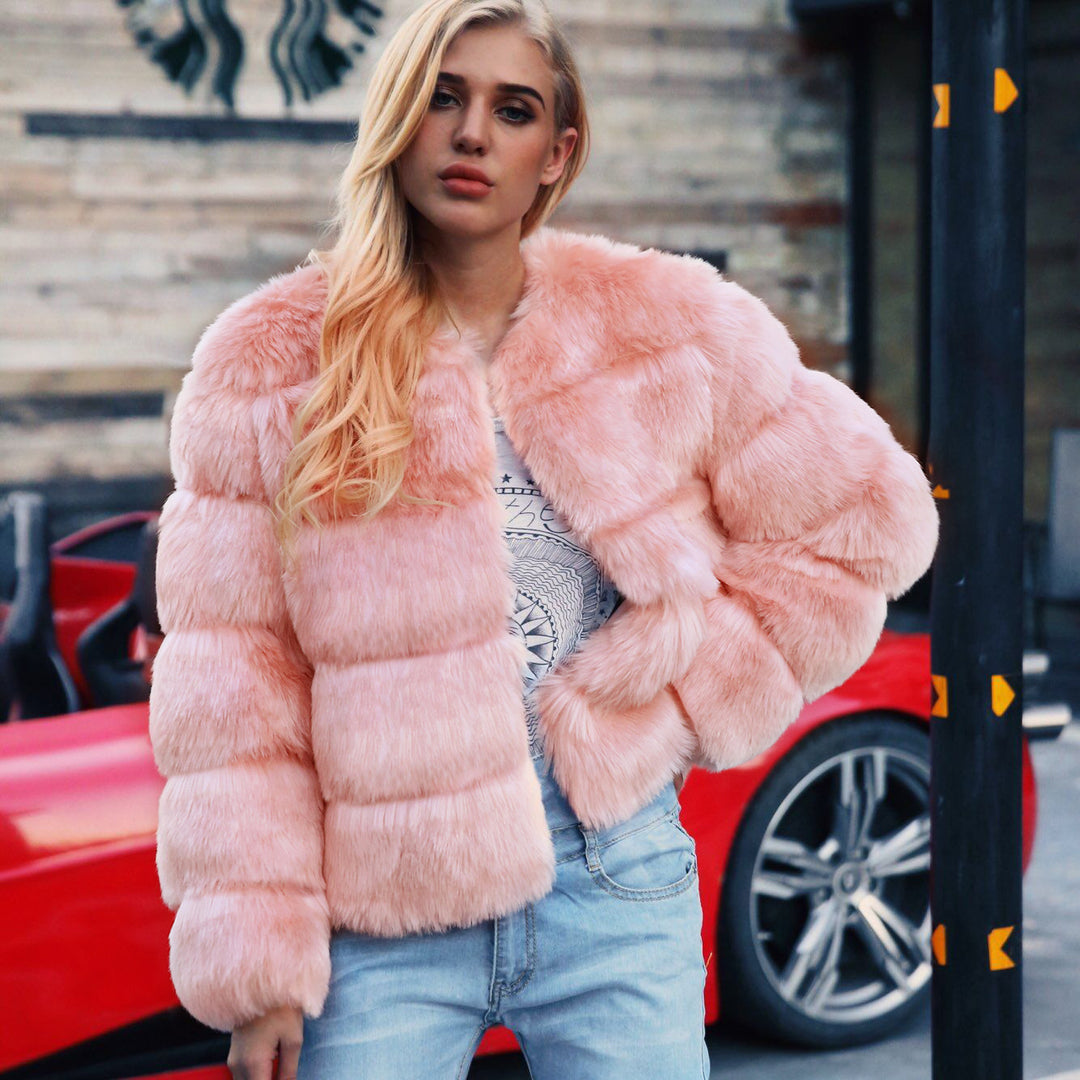 Damen Flauschige Kunstpelzjacke mit voluminösen Ärmeln und elegantem Schnitt EB