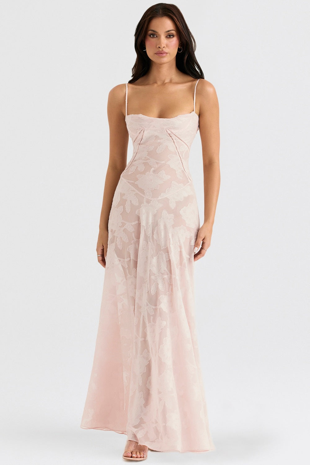 Damen Maxikleid mit dekorativem Spitzen-Oberteil und fließendem Rock EB