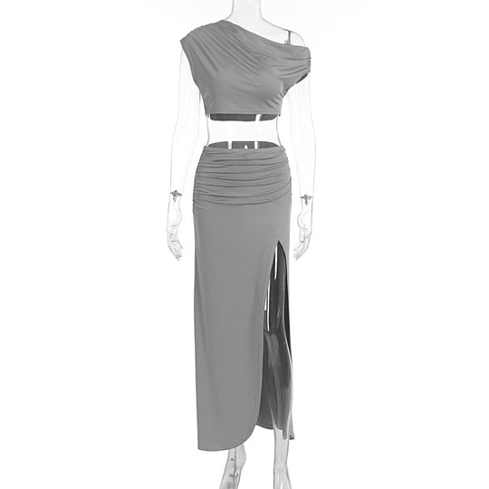 Damen Elegantes Two-Piece Set mit asymmetrischem Oberteil und gerafftem Rock EB