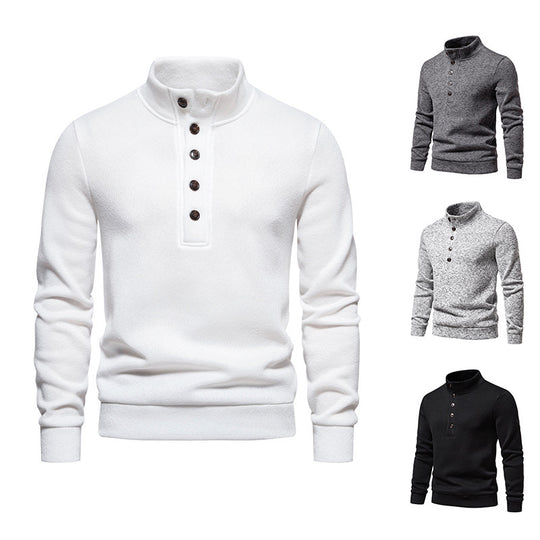 Herren gemütlicher Langarmpullover mit Knopfleiste und Stehkragen EB