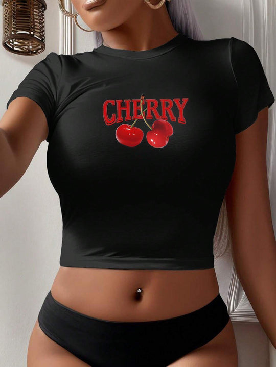 Damen Crop-T-Shirt mit kreativem Cocktail-Design EB