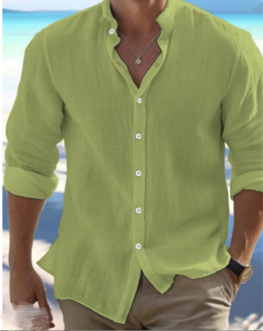 Herren nan leichtes Leinen-Blusenhemd mit Stehkragen, geradem Schnitt und durchgehender Knopfleiste EB